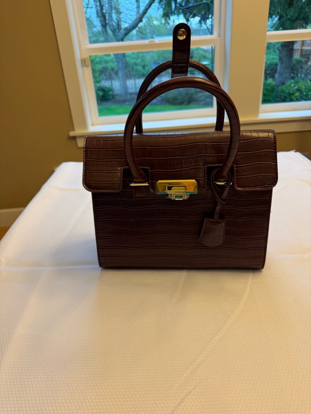 Harrods of London Structured Croc-Embossed Top-Handle Bag in Deep Brown